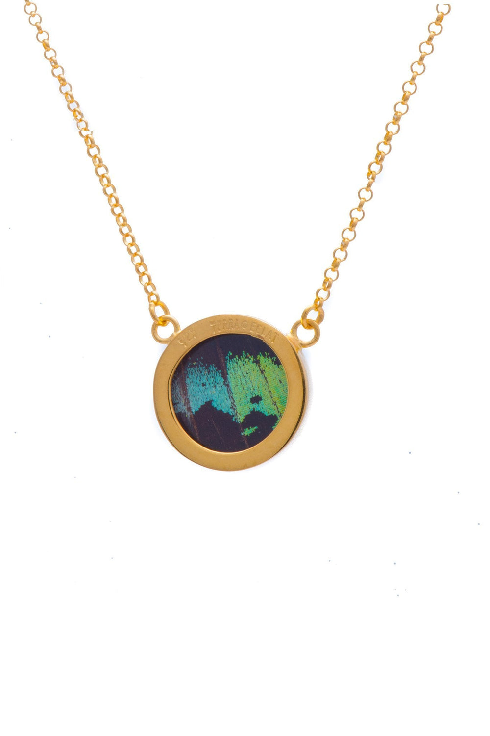 2--A-SC-C1-Gold-butterfly-necklace-Shimmering-Green-Circle-Chrysiridia-Madagascariensis-Top-wing