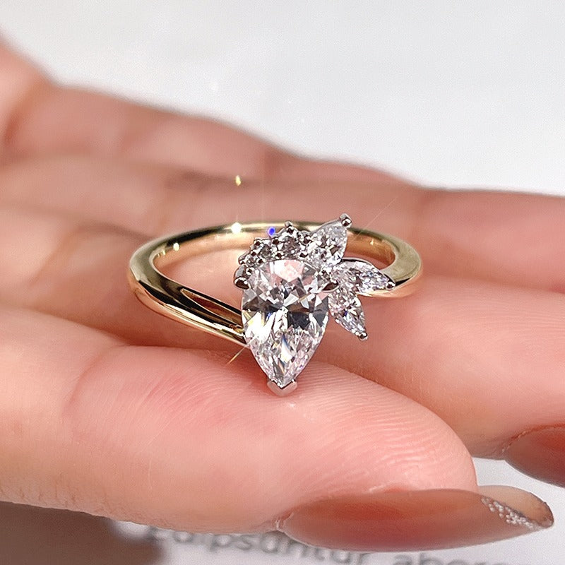 Gold 1ct Pear Lab Grown Diamond Ring with Cluster
