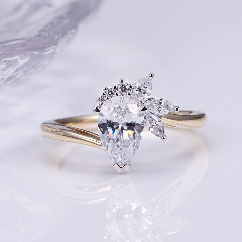 Gold 1ct Pear Lab Grown Diamond Ring with Cluster
