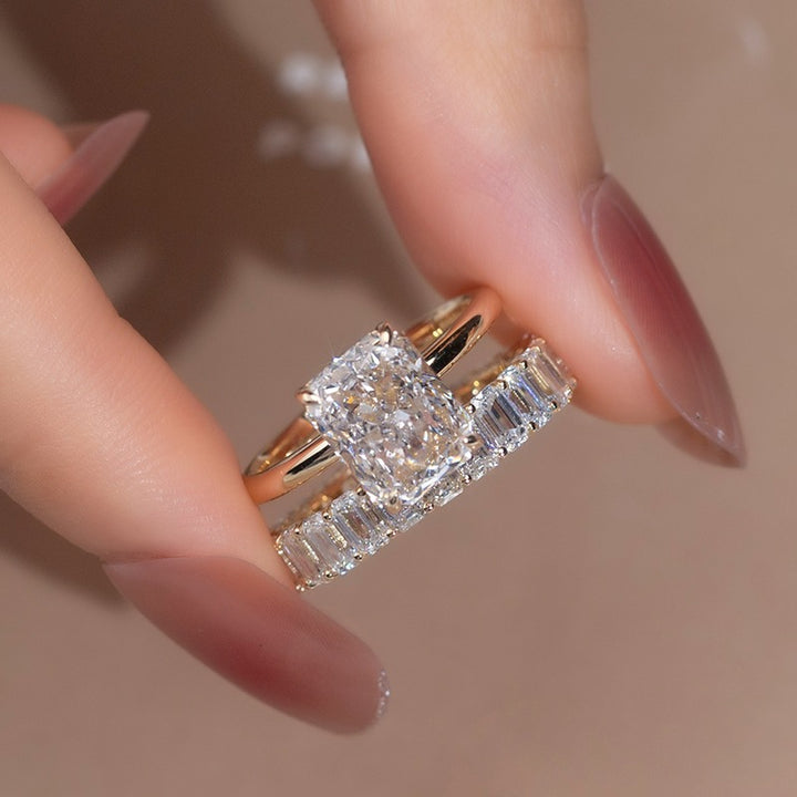 Gold 3.75ct Radiant Diamond Ring & Eternity Band Set