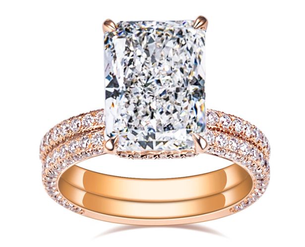 Gold 5ct Radiant Diamond Ring & Slim Eternity Band Set