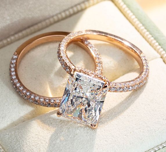 Gold 5ct Radiant Diamond Ring & Slim Eternity Band Set