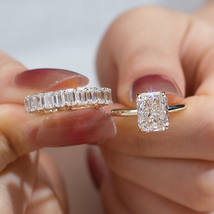 Gold 3.75ct Radiant Diamond Ring & Eternity Band Set