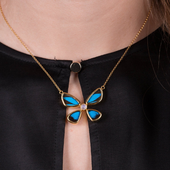 8--A-4B-6F-Gold-butterfly-necklace-with-blue-topaz-birthstone-Royal-Blue-Papilio-Ulysses