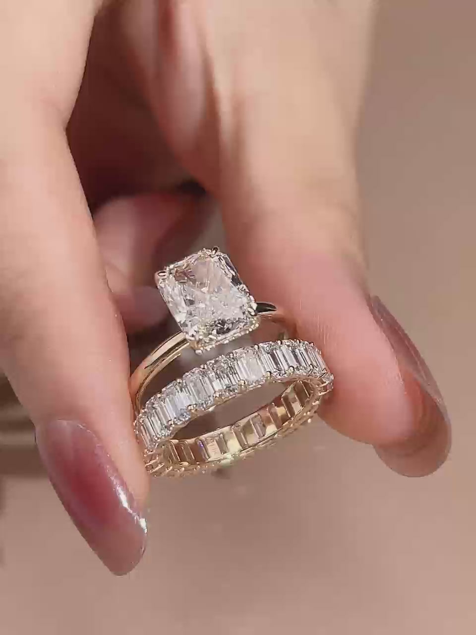 Gold 3.75ct Radiant Diamond Ring & Eternity Band Set